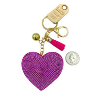 Fuchsia Crystal Studded Heart Tassel Key Chain (2.75x2.5in)