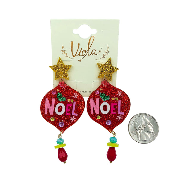 Acrylic Christmas Glitter Ornament Seed Bead Dangle Earrings (1.25x3.25in)