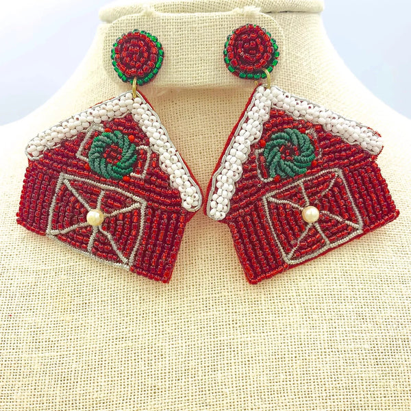 Christmas Themed Red Barn Seed Bead Earrings (2.25x2.5in)