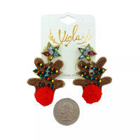 Christmas Themed Pom Pom Red Nose Reindeer Seed Bead Earrings - Beaded (1.5x2in)