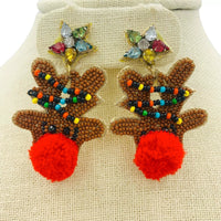 Christmas Themed Pom Pom Red Nose Reindeer Seed Bead Earrings - Beaded (1.5x2in)