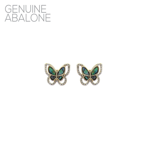 Genuine Abalone & Crystal Butterfly Post Earrings, Gold Plated (0.61x0.5in)