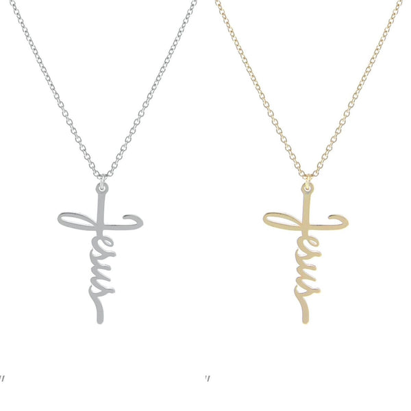 Jesus Cross Necklace in Silver or Gold (16+3in)