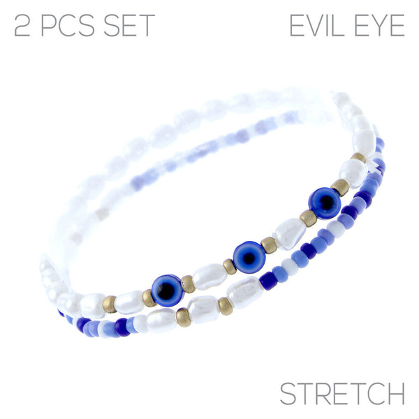 Evil Eye Multi Beaded Blue 2 Piece Pearl Stretch Bracelet