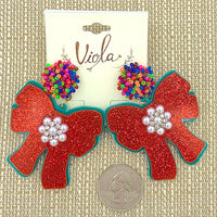 Christmas Ribbon Bow Glitter Acrylic & Seed Bead Earrings (2x2.5in)