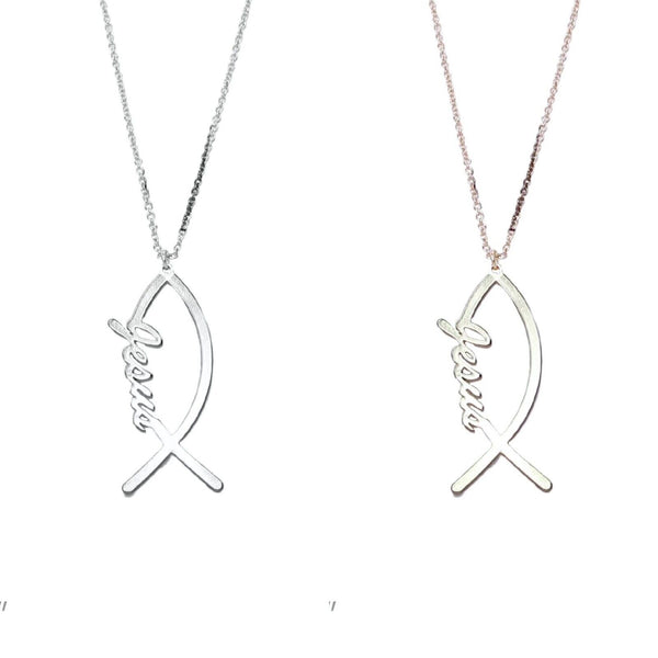 Jesus Cross Fish Necklace in Silver or Gold - Crystal Avenue (16+3in)