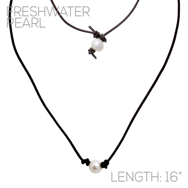 Freshwater Pearl 1.5mm Cord Knotted 16 inch Necklace - Black or Dark Brown