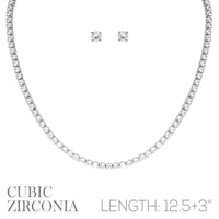 Cubic Zirconia 3mm 1 Line Necklace, 4mm Earring Set (12.5+3in)