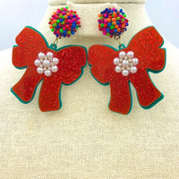 Christmas Ribbon Bow Glitter Acrylic & Seed Bead Earrings (2x2.5in)