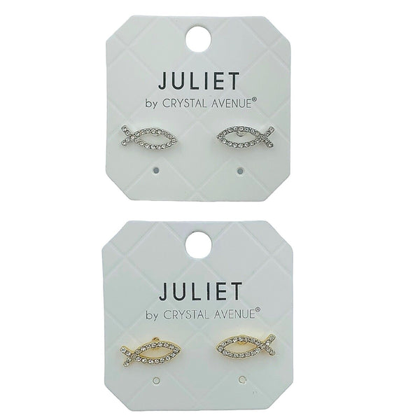 Crystal Jesus Fish Stud Earrings in Silver or Gold Tone (0.6x0.2in)