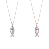 Cross Jesus Fish Necklace in Silver or Gold Tone (0.3x1in)(16+3in)