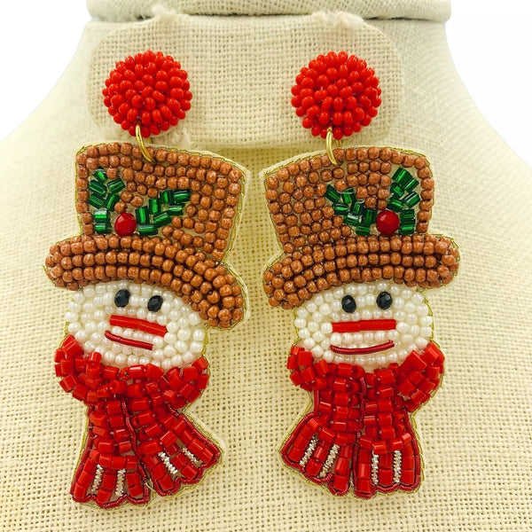 Christmas Snowman Wearing Top Hat & Scarf Seed Bead Earrings (1.25x2.75in)