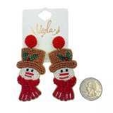 Christmas Snowman Wearing Top Hat & Scarf Seed Bead Earrings (1.25x2.75in)