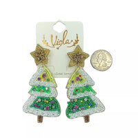 White Snow Christmas Tree Beaded Earrings (1.5x3in)